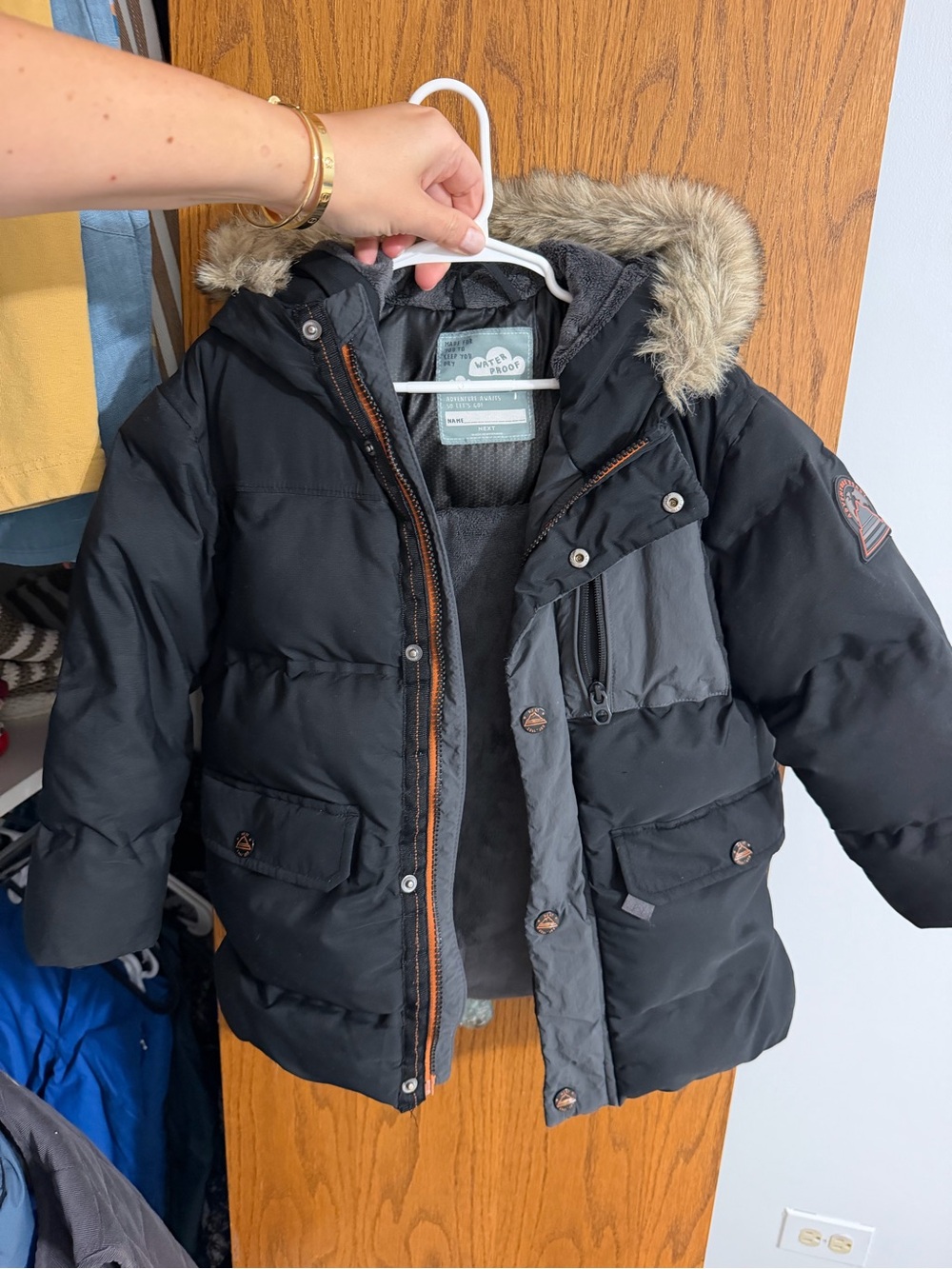 Kids Waterproof Black Puffer Coat with Faux Fur Hood